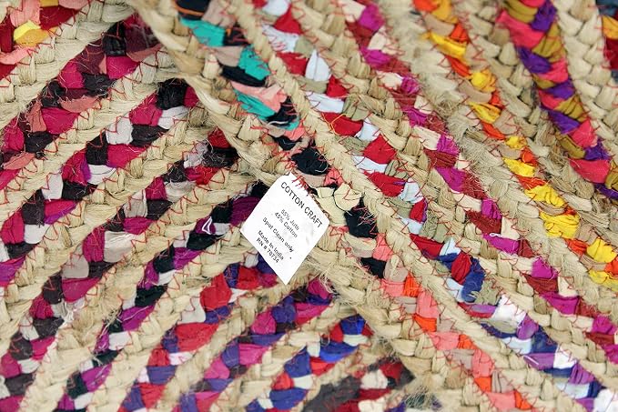 Cotton Craft Jute & Cotton Multi Chindi Braid Rug, Hand Woven Reversible, 4-Feet, Colors may Vary | Handwoven Reversible Jute & Natural Recycled Cotton Boho Farmhouse Rustic Area Accent Throw Rug - Living Room Home Décor