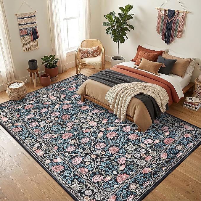 GarveeHome Blue Floral 6x9 Area Rug for Bedroom Living Room | Washable Dinning Room Dorm Office Rug Vintage Boho Rugs Low-Pile Non-Slip Stain Resistant TPE Backing