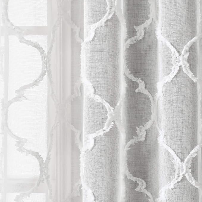 Lush Decor Avon Trellis Grommet Sheer Window Curtain Panels Pair 38" W x 95" L White - Sheer Curtains for Living Room - Modern Farmhouse Bedroom Curtains