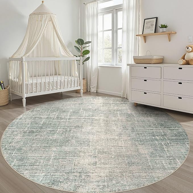 LOONGRUG Round Rug 8x8 Washable Neutral Modern Rug for Living Room Green | Circle Large Abstract Soft Stain Resistant Indoor Non-Slip Carpet for Bedroom Nursery Kids Office Dining Room