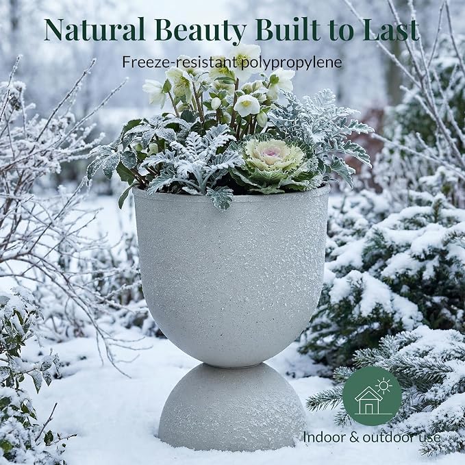 KOL Planters Flower Pots, Plastic Urn Planters for Indoor Outdoor Plants, Beige Pedestal Planter Pots 2 Pack, 18 Inch Tall Decorative Planters with Drainage Holes & Plugs for Front Porch Patio Garden