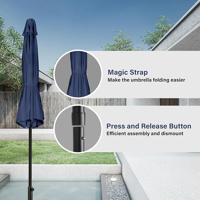 Simple Deluxe 9FT Outdoor Patio Umbrella Table Market Umbrella with Push Button Tilt and Crank, 8 Sturdy Ribs, UV Protection Waterproof for Garden, Lawn, Deck, Backyard, Pool, Dark Blue