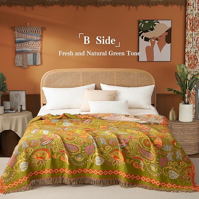 Phuryllic Boho Throw Blanket Twin Size, Soft Cozy Cotton Muslin Quilt Blanket for Bed Decor, Floral Patterned Couch Sofa Chair Cover, Vintage Farmhouse Cottage Tapestry Woven Blanket, Coral&Green