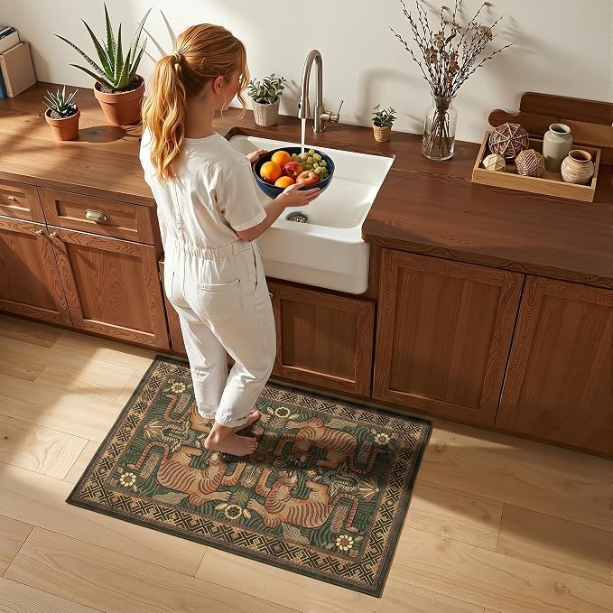 GarveeHome Boho Tiger Entryway Rug, 2x3 Vintage Tribal Washable Front Door Rug Indoor Entrance Green Animal Carpet Non-Slip Throw Rugs for Kitchen Floor, Powder Room, Entry, Bathroom, Kids Room