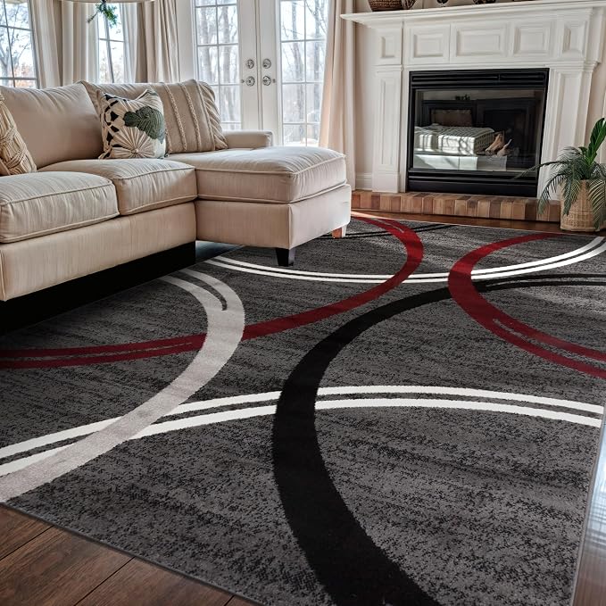 Rugshop Wavy Circles Modern Non-Shedding Area Rug Red 5'3" x 7'3" | Rectangular, Size 5'3" x 7'3", Living Room, Bedroom, Dining Room, Home Office, Kitchen, Entryway, Hallway, Nursery, Kids Room