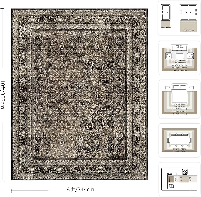 8x10 Area Rugs for Living Room - Washable Vintage Retro Large Rug, Soft Ultra Thin Non Slip Low Pile Traditional Distressed Boho Carpet for Bedroom Dining Room Home Office, Brown