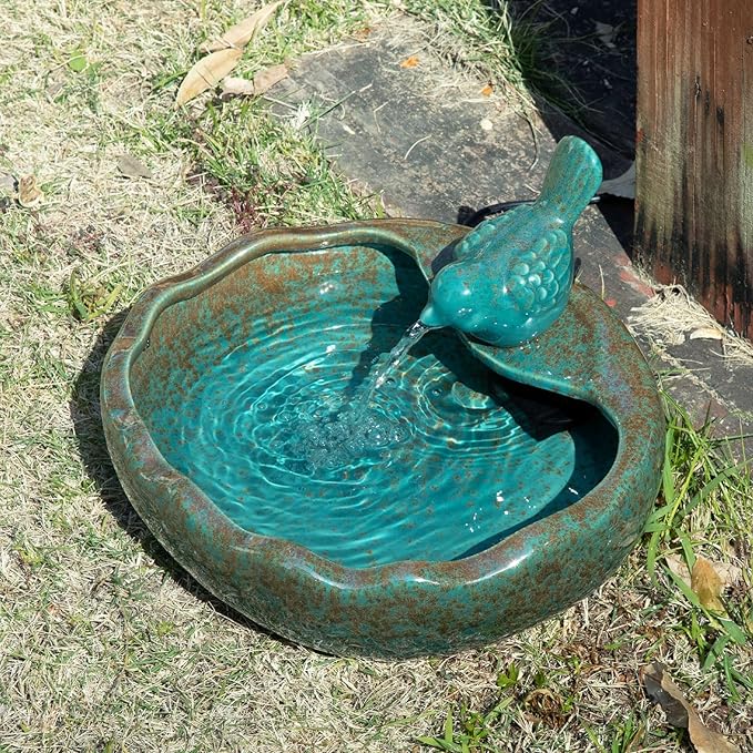 Ceramic Solar Fountain Bird Bath with Battery Backup,Bird Bath for Outside,Bird Bath Bowl for Garden, Patio & Yard Decor,Working at Night for at Least 6 Hours (Bird).