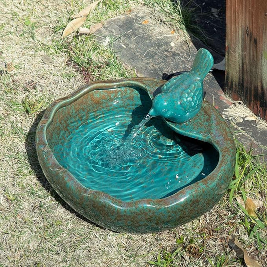 Ceramic Solar Fountain Bird Bath with Battery Backup,Bird Bath for Outside,Bird Bath Bowl for Garden, Patio & Yard Decor,Working at Night for at Least 6 Hours (Bird).