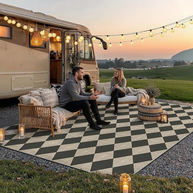 PureCozy 9x12 Checkered Chevron Pattern Area Rug for Living Room Checkerboard Washable Indoor Outdoor Carpet Farmhouse Patio Office Mat Textured Diamond Non Slip Black Carpet for Backyard Dining Room
