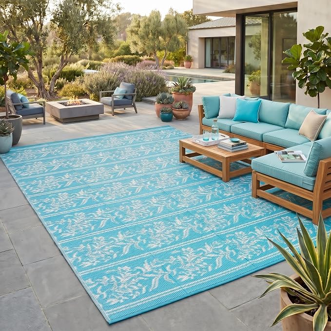 Garvee Outdoor Rugs 9x12 Waterproof Reversible Mat Boho Leaf Patio Rug with 4 Stakes and Starage Bag, Large Outdoor RV Mat Rugs for Camping, Picnic, Balcony, Deck, Backyard, Teal & White