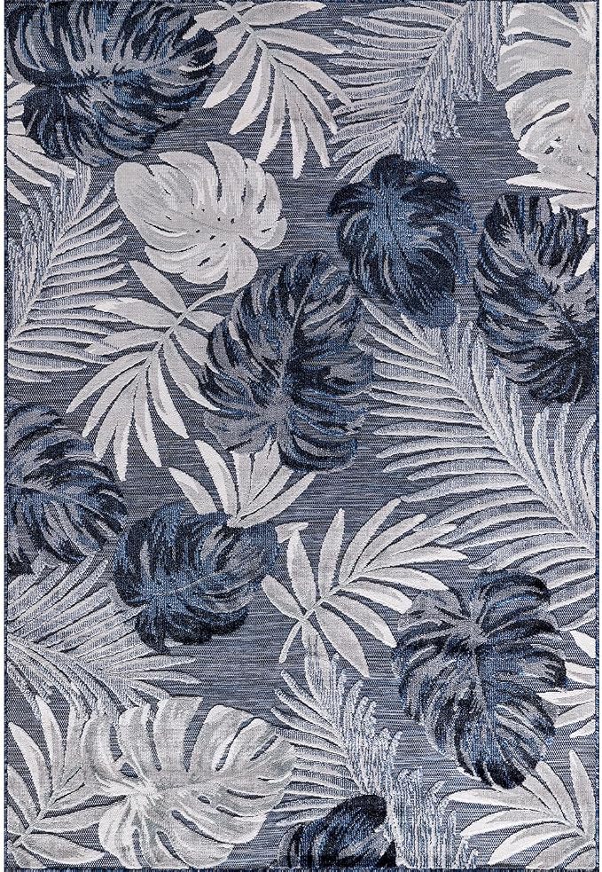CAMILSON Indoor Outdoor Rug, Navy Blue 9’x12’ Leaf Tropical Botanical Area Rugs for Indoor and Outdoor patios, Easy-Cleaning Non-Shedding Living Room Garden and Kitchen Washable Outside Carpet (9x12)