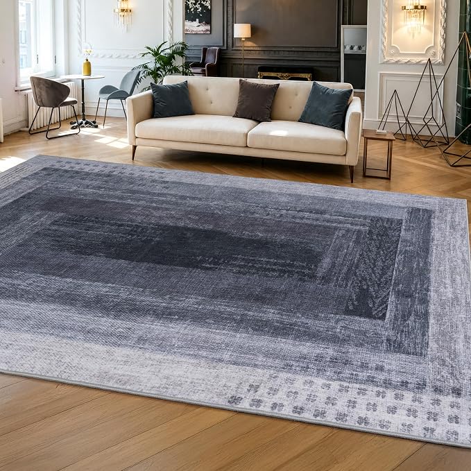 Neutral Geometric Grey 6x9 ft Large Rug for Living Room Bedroom | Contemporary Modern Area Rugs Vintage Washable Soft Faux Wool Low Pile Indoor Carpet for Dining Room Office Home Decor