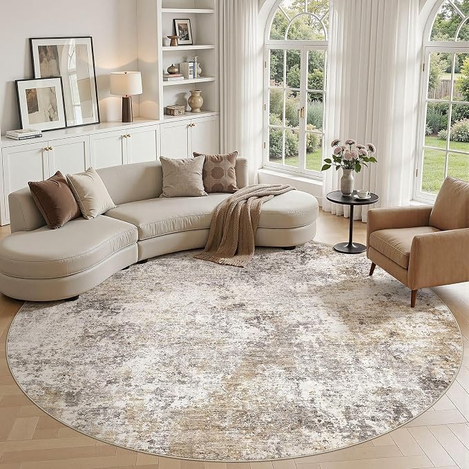 Nakagishi 8X8 Abstract Washable Area Rugs for Living Room-Golden Brown | Modern Non-Slip Silicone Backing Low Pile Soft Carpet for Bedroom Dining Decor for Families with Kids and Pets