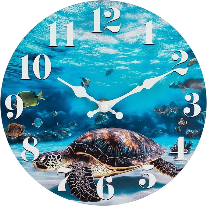 jomparis Wall Clock Battery Operated Ocean Turtle Theme Indoor Outdoor Waterproof Decor for Bathroom Pool Kitchen Paito (8 Inch,Blue)