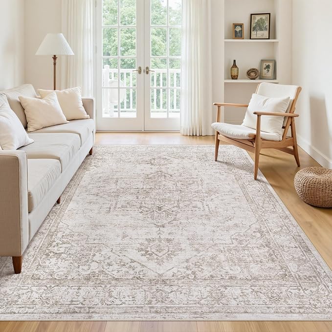 Area Rug 6x9 Living Room Rug Washable Beige Brown Non-Slip Rugs | Vintage Medallion Rug，Soft Low Pile Large Rugs，Indoor Retro Carpet for Bedroom Nursery Dining Table Farmhouse Home Office