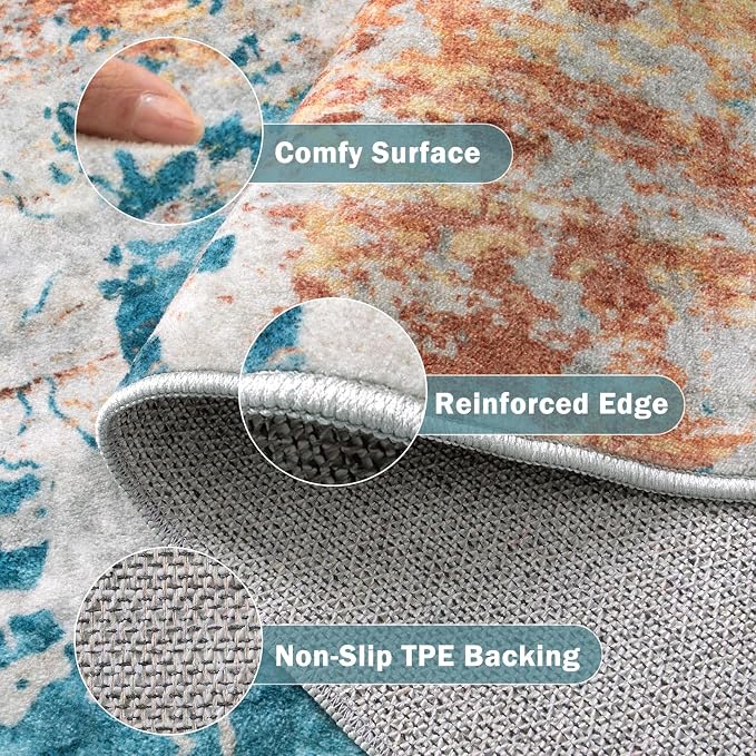 Beeiva Abstract Washable Rugs 8x10, Large Non Slip Area Rug for Living Room, Ultra Thin Foldable Low Pile Carpet for Bedroom Dining Room Playroom - Yellow/Blue