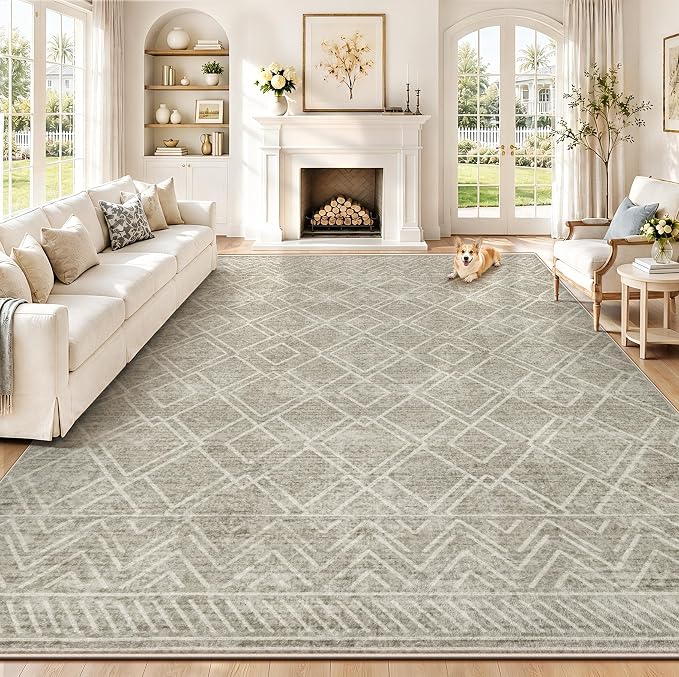 Area Rugs 9x12 Living Room Rug: Washable Geometric Moroccan Neutral Rugs Boho Modern Non Slip Area Rug Large Soft Indoor Floor Low Pile Carpet for Bedroom Dining Room Home Office (Brown, 9'x12')