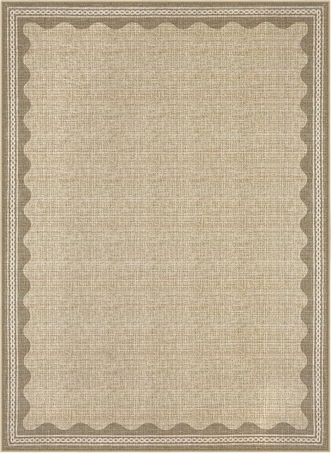 GarveeHome Scalloped Washable Area Rug 6x9 Rugs for Living Room Soft Low-Pile Solid Tan Jute Digital Printing Thin Carpet for Bedroom Dining Nursery Non Slip Mat with Rubber