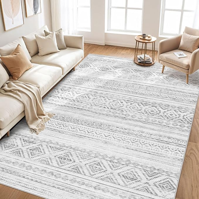 cotiled Boho 10x14 Area Rug for Living Room: Large Moroccan Washable Rug | Solve Modern Neutral Trendy Home Decor - Stain Resistan Carpet for Bedroom Farmhouse Light Grey