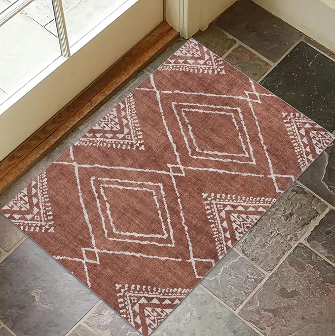 Machine Washable Area Rug - Living Room Bedroom Bathroom Kitchen Entryway Office - Padded Crease Free Stain Resistant Premium - Moroccan Tribal Diamond - Jax- Orange - 2'x 3'