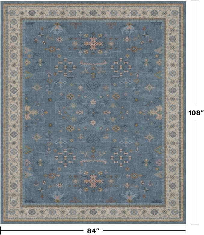 Boho 7x9 Living Room Rugs - Modern Dark Blue Dining Room Rug for Under Table, Lightweight Washable Foldable Low Pile Carpet, Eclectic Floral Bedroom Décor Aesthetic