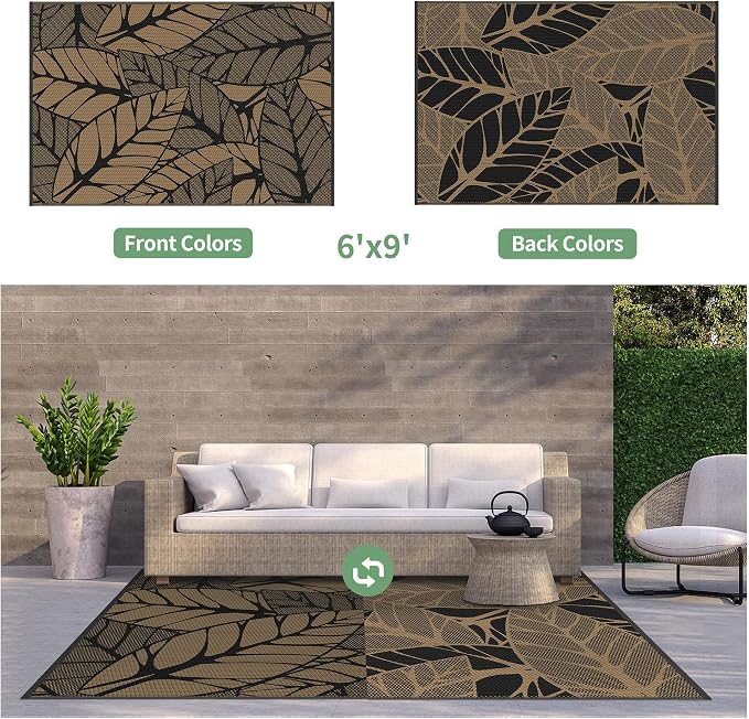GENIMO Outdoor Rug 6' x 9' Waterproof for Patio Clearance, Reversible Plastic Straw Camping Carpet, Lightweight Mat for Rv, Camper, Deck, Porch, Picnic, Balcony, Beach, F.Black & Brown