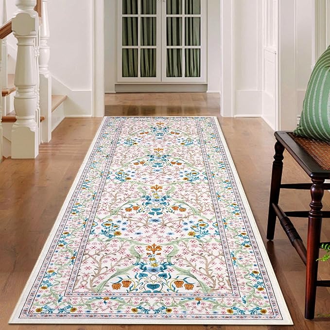 GarveeHome 2x6 Runner Rugs, Washable Rug for Hallway Pink Non Slip, Ultra-Thin Boho Soft Kitchen Runner Rug Botanical Carpet for Entryway, Laundry Room, Bedroom
