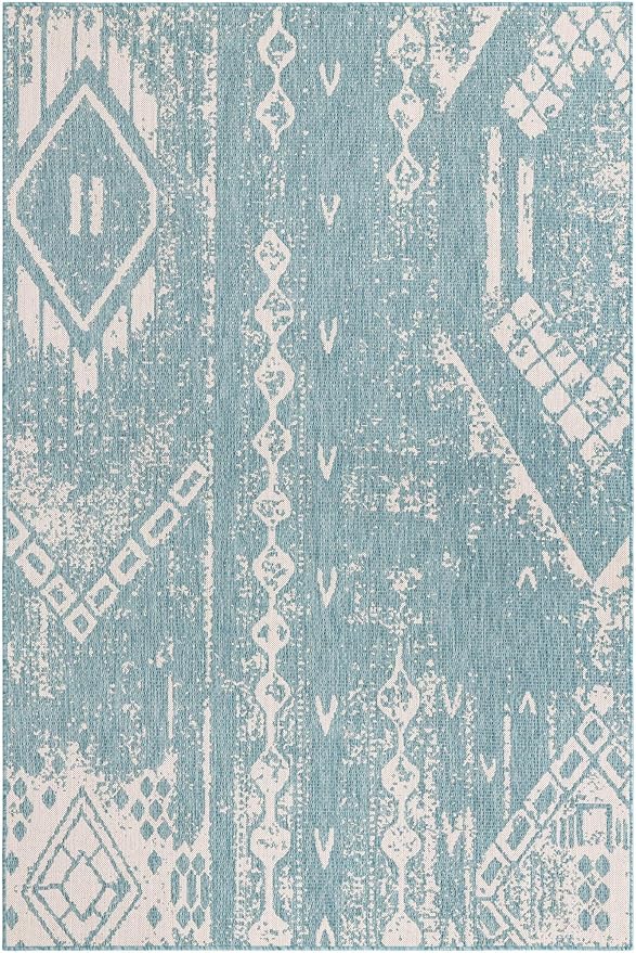 Unique Loom Outdoor Bohemian Collection Area Rug - Anthro (6' 1" x 9' Rectangle, Light Aqua/ Ivory)