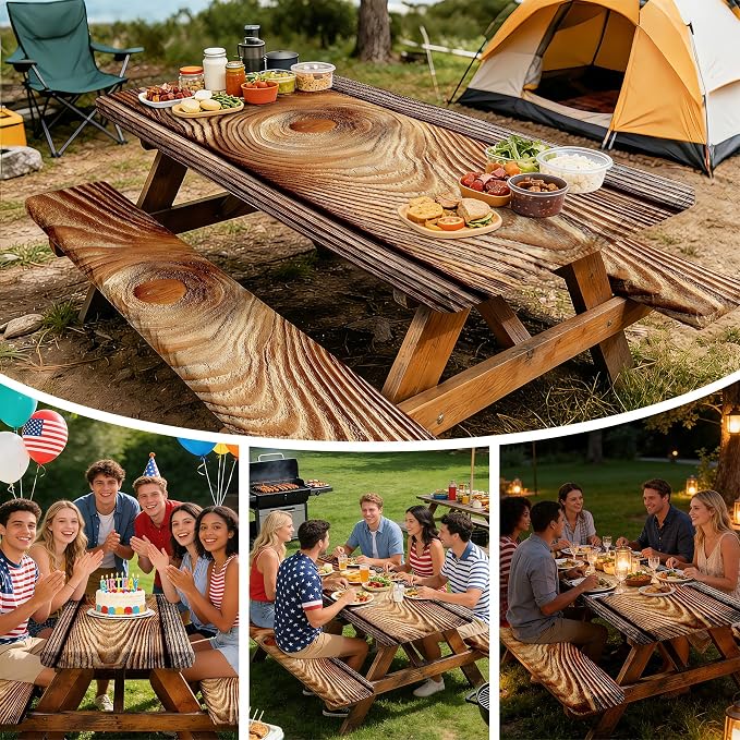 NYZE 3 Pieces Picnic Table Cover with Bench Covers Set, Camping Tablecloth, Tablecloth Cover with Drawstring Bag, Camping Essentials for Outdoor Picnics, Patio, BBQ (Wood Grain)