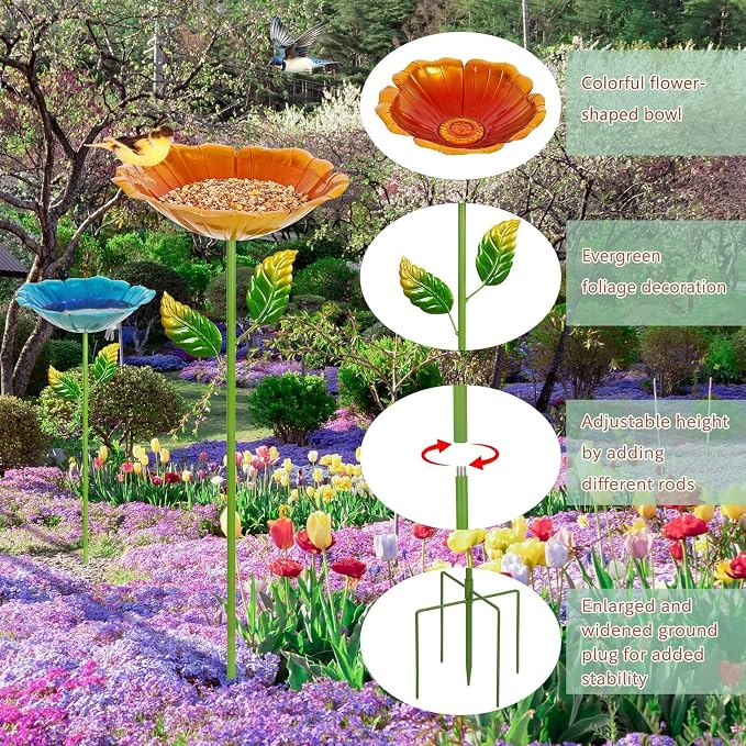 2 Pack Bird Baths for Outdoors, Colorful Metal Bird Bath for Outside, Hummingbird Bath with Five Stakes, Garden Flower Small Birdbath for Garden Decor, 31.3" H x 10.63" Dia (Blue,Yellow)