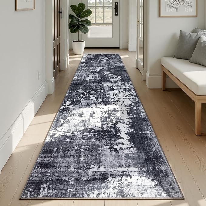 Sasttie 2x12 Runner Rug, Modern Abstract Hallway Carpet, Black & White | Machine Washable, Ultra-Soft Faux Wool, Low Pile, Non-Slip, Thin, for Entrance, Entryway, Kitchen & Laundry Room