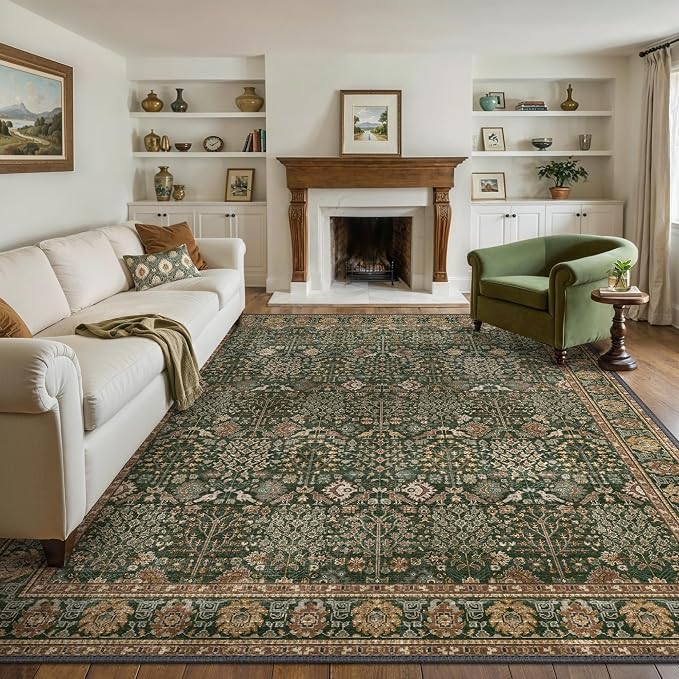 Washable Rugs 8x10 for Living Room, Vintage Floral, Dark Green Brown | Spill Resistant, Lightweight, Low Pile Non-Shedding Carpet for Bedroom, Dining Room and Office