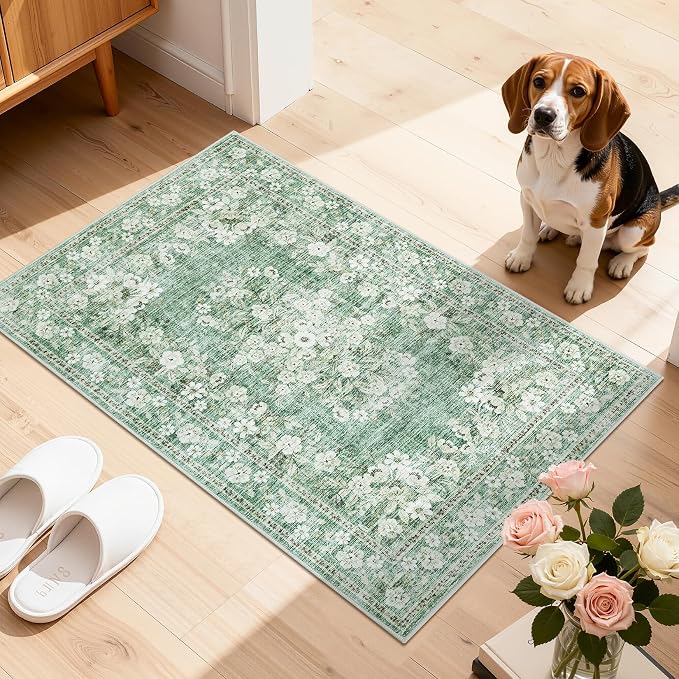GarveeHome 2x3 Small Rug for Kitchen Machine Washable Floral Doormat | Non-Slip Low Pile Vintage Throw Carpet for Hallway Flower Bordered Accent Mat Boho Botanical Area Rugs for Bedroom Sage Green