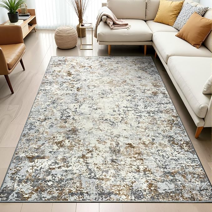 Toneed 4x6 Washable Area Rugs for Bedroom Living Room, Brown Grey Gold | Abstract Non Slip Soft Modern Low Pile Rug for Kitchen Hallway Office,Indoor Carpet for Kids Nursery Home Decor