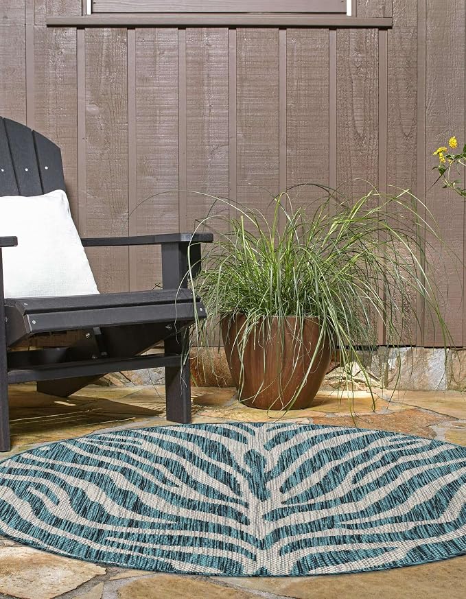 Unique Loom Outdoor Safari Collection Area Rug - Tsavo (4' 1" Round, Teal/ Ivory)