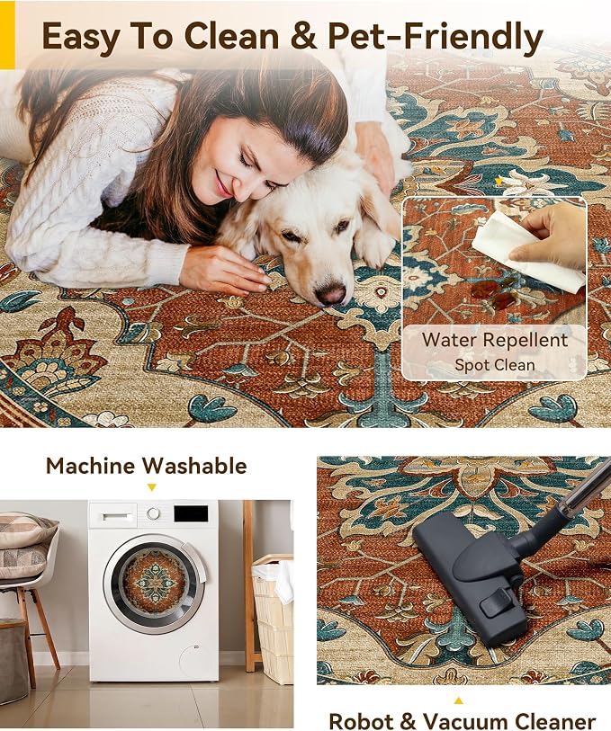 RELEANY Washable Area Rug, Round 6ft, Red/Orange/Blue/Brown | Non-Slip, Water Repellent, Pet Friendly, Easy to Clean, Vintage Floral Boho Decor for Living Room Bedroom Dining Room