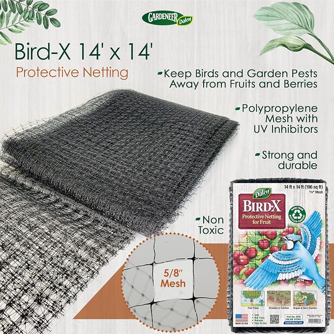 Dalen Bird-X Protective Mesh Netting for Fruit Trees, Berries, Vegetables - 14 ft x 14 ft, Black Garden Netting, 5/8-inch Mesh - Helps Deter Birds & Garden Pests, Made of Weather-Resistant Plastic