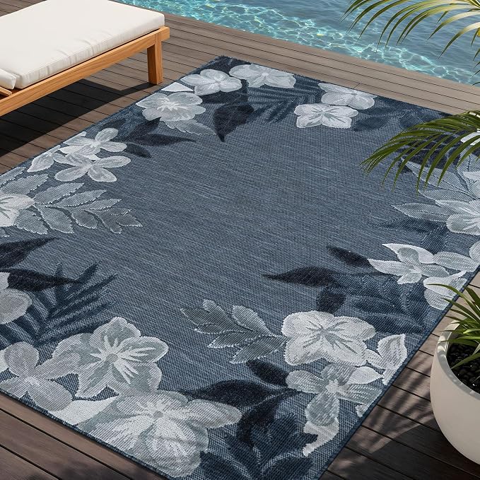 Outdoor Rug 9x12 Washable Area Rugs Indoor Outdoor Carpets Navy Border Floral Non Shedding Waterproof Easy Clean Patio Deck Porch Living Room Bedroom Garden RV (9 X 12 Navy)