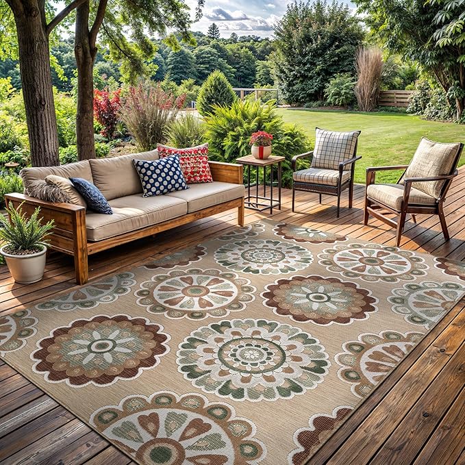 Outdoor Rug 10x14 Washable Area Rugs Indoor Outdoor Carpets Beige Bohemian Medallion Non Shedding Waterproof Easy Clean Patio Deck Porch Living Room Bedroom Garden RV (10 X 14 Beige)