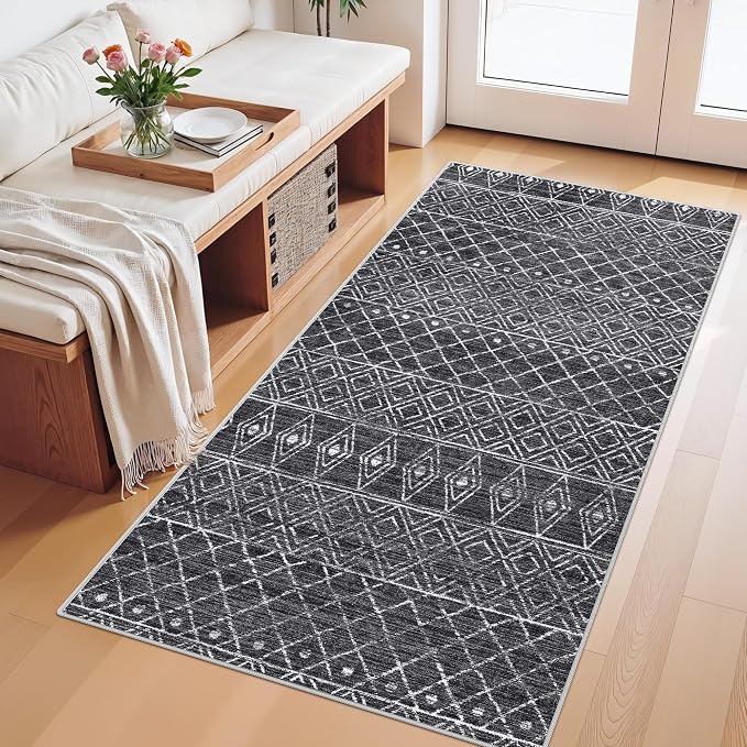 2x4 Runner Rug for Hallway: Washable Non Slip Moroccan Kitchen Rugs Black | Soft Stain Resistant Easy Clean Mat with Rubber Backing for Entryway Bedroom Family with Pets