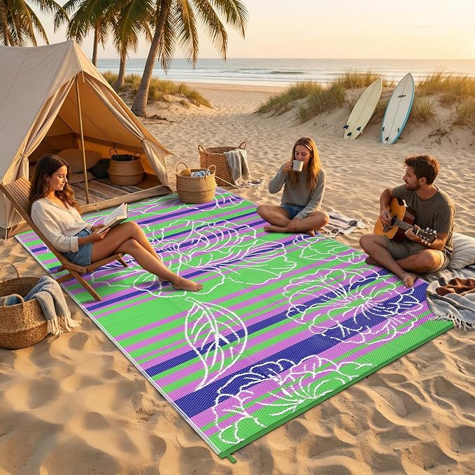 Garvee 6x9 Outdoor Waterproof Rug, Floral Outdoor Area Rug，Reversible Plastic Straw Patio Rug, Portable Camping Mat for RV, Picnic, Beach, Balcony, Garden & Camping Green