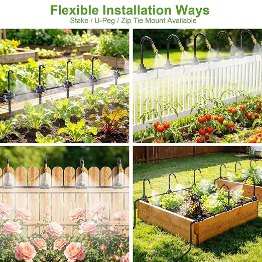 Thiswing 100 FT 360° Adjustable Irrigation System for Garden with Stake Holders – 1/4" Tubing, 16 Nozzles, Automatic Watering Misting System, Sprinkler for Garden, Raised Bed, Lawn, Plants