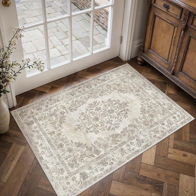 2x3 Washable Area Rug Entryway Cream Beige Vintage Doormat | Soft Low Pile, Non Slip, Stain Resistant, Floral Medallion, Neutral Retro Decor for Kitchen, Bathroom, Bedroom, Office