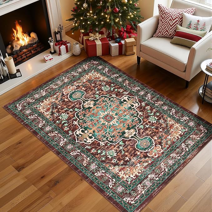 U'Artlines Boho Vintage Area Rug 4x6 Machine Washable Carpet, Rust＆Teal | Low Pile, Non Slip, Ultra-Thin Soft Floor Carpet, Accent Rug for Living Room Bedroom Entryway Dining Room Office