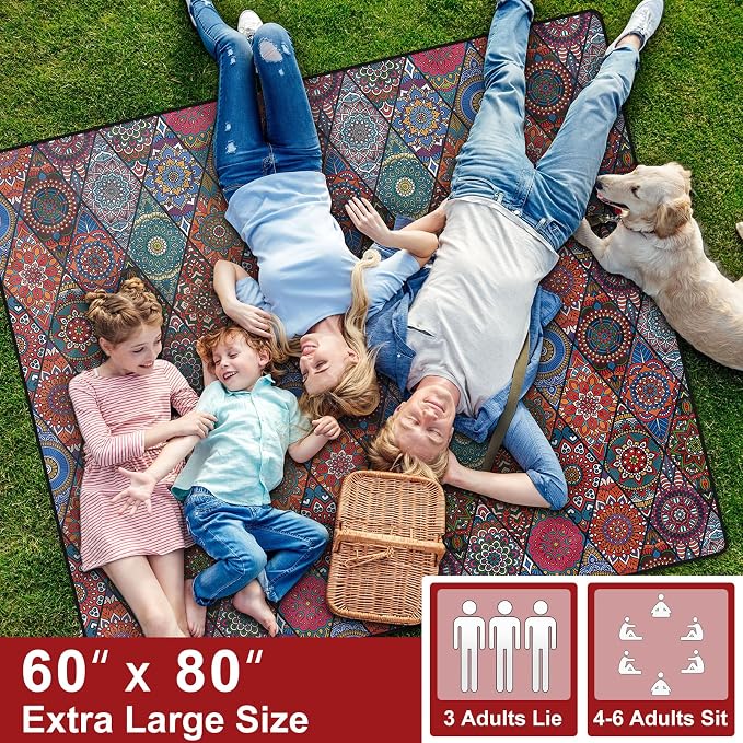 60x80" Picnic Blankets Waterproof Beach Blanket Outdoor Sandproof Foldable Park Lawn Grass Concert Mat Portable Tent Rugs Camper Inside Outside Camping Gifts Accessories Road Trip Necessities