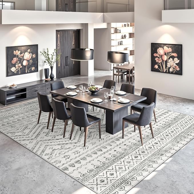 Miukiki 9x12 Area Rug for Living Room, Washable Non Slip Moroccan Rug Grey | Large Soft Rug for Kitchen Bedroom Dining Room Office, Low Pile Indoor Floor Carpet Home Decor 9'x12'