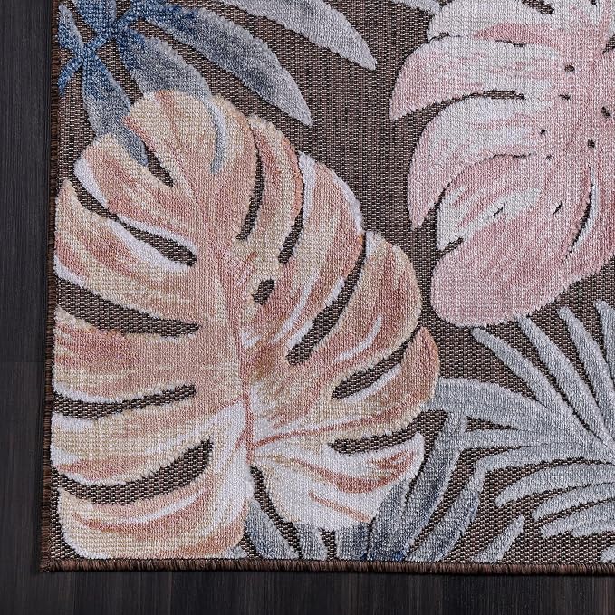 CAMILSON Indoor Outdoor Rug, Brown 5x7 Leaf Tropical Botanical Area Rugs for Indoor and Outdoor patios, Easy-Cleaning Non-Shedding Living Room, Garden and Kitchen Washable Outside Carpet (5 x 7)