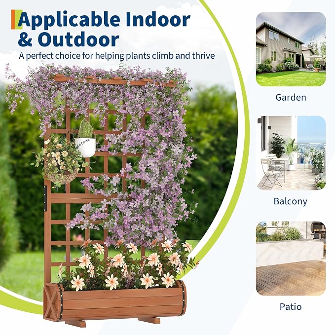 GarveeLife 67" h Raised Garden Bed with Trellis & Roof - Wooden Planter Box with Drainage, Freestanding Outdoor Garden Box for Climbing Vines, Vegetables, Flowers - Perfect for Yard, Patio, Balcony
