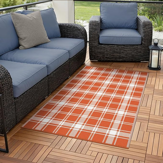 GENIMO Waterproof Outdoor Rug for Patio Clearance, 3'x5' Reversible Plastic Straw Rugs, Lightweight RV Camping Mat for Camper, Balcony, Deck, Backyard, Picnic, Orange White Plaid