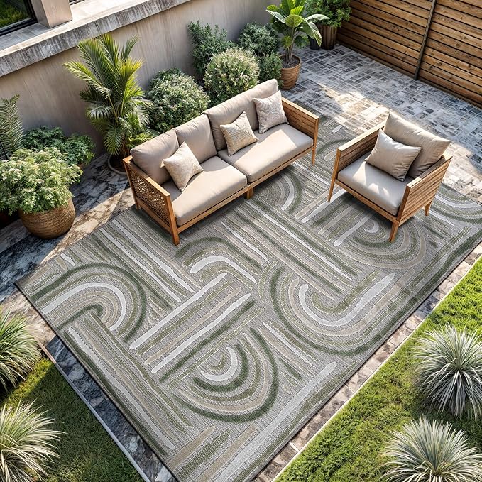 CAMILSON Indoor Outdoor Rug, Beige 9x12 Geometric Arch Striped Large Area Rugs for Patio and Home Areas, Easy-Cleaning Non-Shedding Living Room, Garden and Deck Washable Outside Carpet (9 x 12)